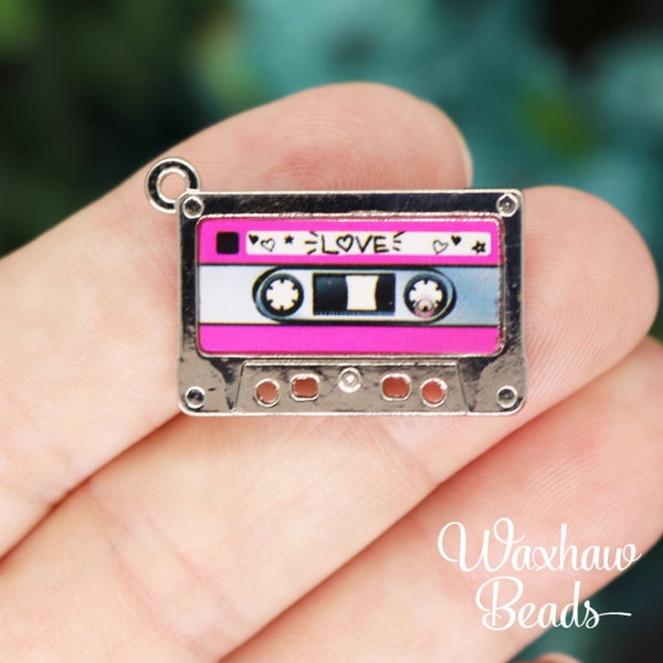 2 Retro Cassette Tape Charms, Silver Tone (G-253)