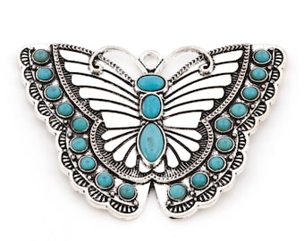 Boho Turquoise Butterfly Charms, 60x43mm, Silver Tone Charms (N-227)