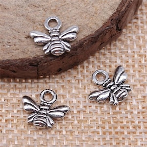 20, 100 Bulk Silver Tiny Bee Charms, Double Sided, Silver Tone Charms (B-157)