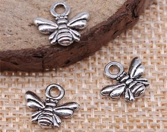 20, 100 Bulk Silver Tiny Bee Charms, Double Sided, Silver Tone Charms (B-157)