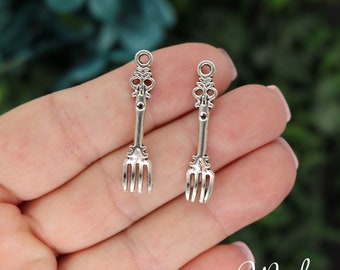 10 Ornate Fork Charms, Antique Silver Tone (A-24)