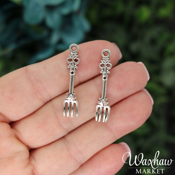 10 Ornate Fork Charms, Antique Silver Tone (A-24)