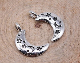 5 Silver Crescent Moon Charms, 12x19mm, 2 Sided, Silver Tone Charms (N-75)