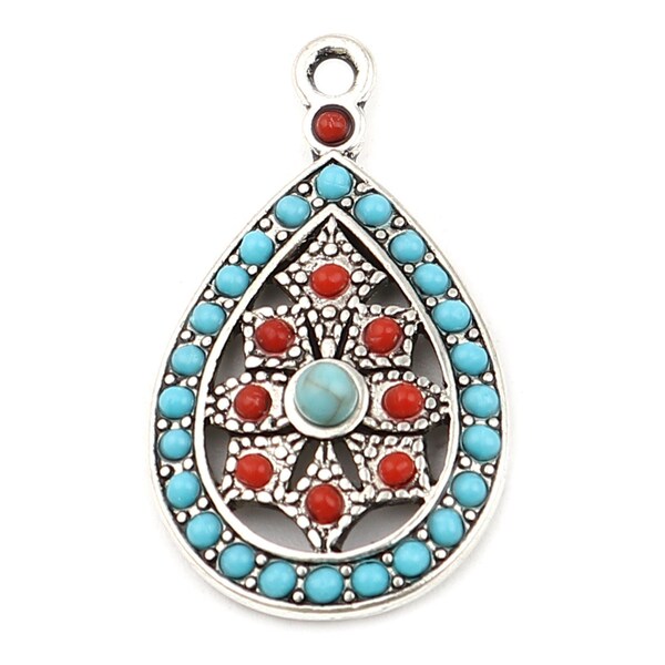 2 Sky Blue Red Rhinestone Drop Charms, 29x17mm, Antique Silver Tone Charms (C-244)