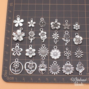 BULK 24 Silver Flower Charms, Mixed Lot of Charms (N-213)