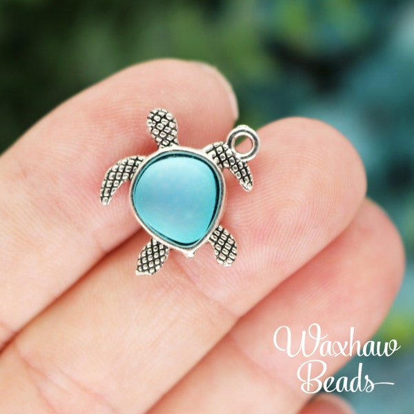 Sea Turtle with Teal Frosted Glass Charms, Silver Tone Charms (B-173)