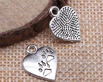 8 Silver Heart Paw Print Charms, 17x13mm, Antique Silver Charms (A-196)