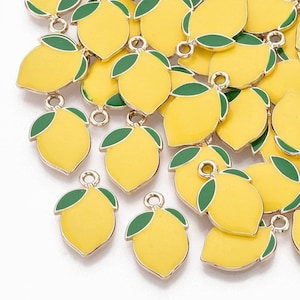 4 Enamel Lemon Charms, Gold Tone Enamel Charm (E-124)