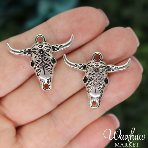 4 Silver Boho Bull Charms, Silver Tone Charms (A-209)