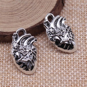 3 Silver Anatomical Heart Charms, 25x14mm, Silver Tone Charms (D-136)