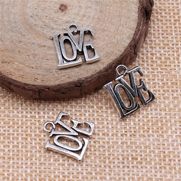 10 Silver Love Word Charms, 15x13mm, Silver Tone Charms (A-256)