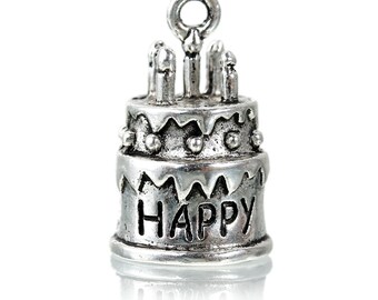 2 Silver Happy Birthday Cake Charms, 3D, Silver Tone Charms (M-243)