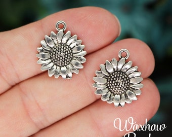 4 Silver Sunflower Charms, Silver Tone Charms Flower Charms (H-123)