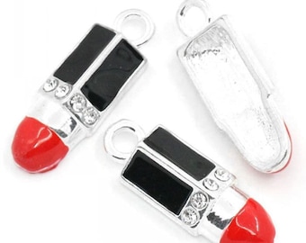 2 Red Lipstick with Rhinestones Charms, Silver Plated Enamel Pendant Charm (C-64)