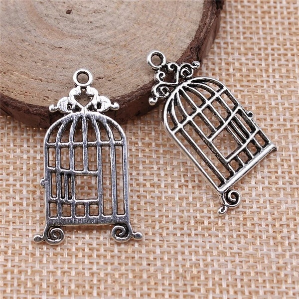 3 Silver Birdcage Charms, 34x18mm, Antique Silver Tone (O-24)