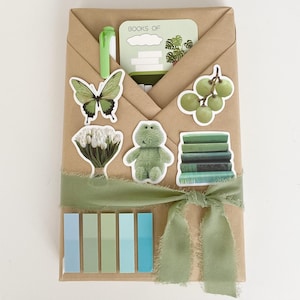 May include: A brown paper package wrapped with a green ribbon and decorated with green and white stickers. The stickers include a butterfly, a frog, a bouquet of white tulips, a stack of green books, and a branch of green grapes. The package also has a sticker that says "Books of".