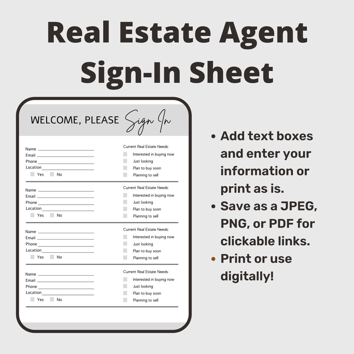 Sign in Sheet for Real Estate Agent Open House Sign in Etsy