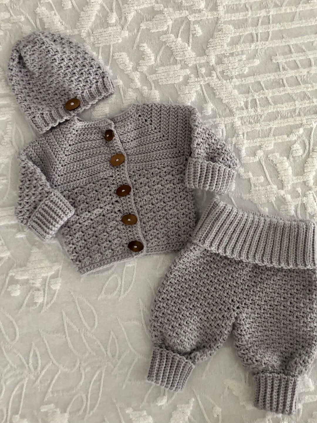 Hand Crochet Merino Wool Baby Sweater/pants/hat Set,baby Gift Set,gray