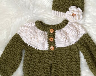 Hand Crochet Toddler Girl Sweater and Hat Set,Wool Blend,2-3 Toddler