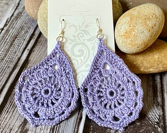 Hand Crochet Lavender Earrings,Cotton,Boho Hippie,Doily Earrings,Ear wires