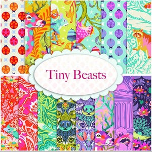 May include: A collection of colorful patterned papers featuring various animal and floral designs. The papers include images of deer, raccoons, ladybugs, and squirrels. The text "Tiny Beasts" is displayed in a white oval.