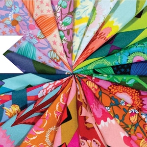 May include: A vibrant display of patterned fabric swatches fanned out in a circular arrangement. The fabrics showcase a variety of floral and geometric designs in a spectrum of colors, including pink, orange, green, and blue. The word "JUMPSTART" is displayed on a white banner.