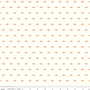 May include: White fabric with a repeating pattern of small, light brown shark silhouettes.