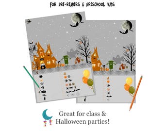 Printable Halloween Games; Pre-Readers Halloween Party Activity, Preschool Kids Find Game Printables, DIY Digital Halloween Activity Sheet