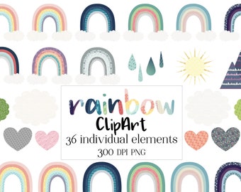 Rainbows and Patterns ClipArt; PNG Graphic Elements 300DPI, Instant Download, Commercial Use