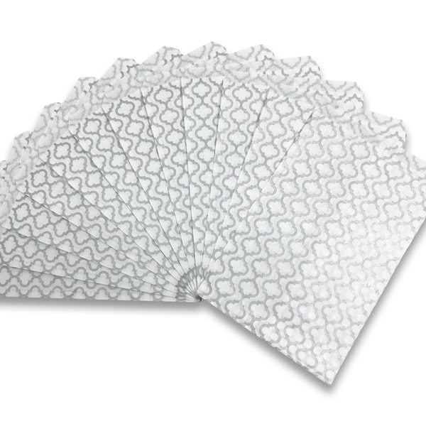 N'icePackaging - 100 Qty Decorative Flat Paper Gift Bags - Silver Trellis Pattern on  White Kraft Bags - for Sales/Treats/Parties Cookies