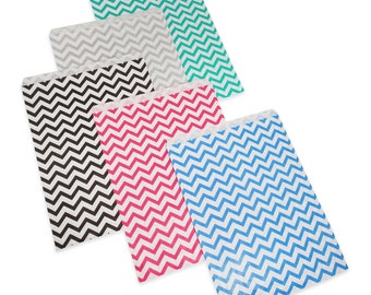 100 Qty 8.5" x 11" Decorative Flat Paper Gift Bags - Mixed Chevron Color Patterns on White Bags - for Sales/Treats/Parties Cookies/Gifts...