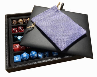 N'icePackaging - Black Leatherette Deluxe Dice Tray with Padded Insert and Colored Burlap Pouch - For RPG / Tabletop / DnD / Dice Rolling