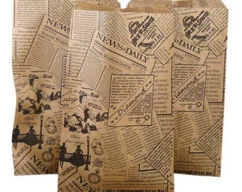 100 Qty Decorative Flat Paper Gift Bags - Newsprint Pattern Bags - for Sales/Treats/Parties Cookies/Gifts - N'icePackaging