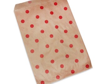 100 Qty 5" x 7" Decorative Flat Paper Gift Bags - Red Polka-Dot on Brown Kraft Bags - for Sales/Treats/Parties Cookies/Gifts -...