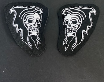 Grim Skull  patches. Comes as a pair.  Tattoo style, Rockabilly, Punk patches.Embroidered patch. Vintage custom. Goth