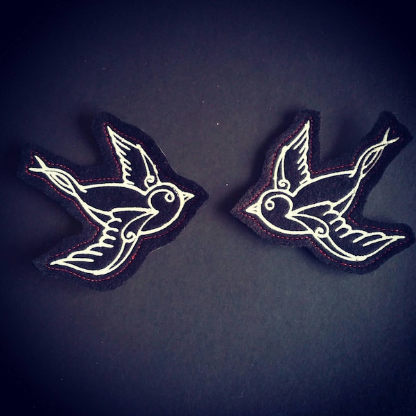 Swallow patch. Comes as a pair.  Tattoo style, Rockabilly, Punk patches.Embroidered patch. Vintage custom.