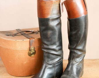 Antique European leather riding boots with wooden stretchers tree - photo prop - French - brocante - vintage