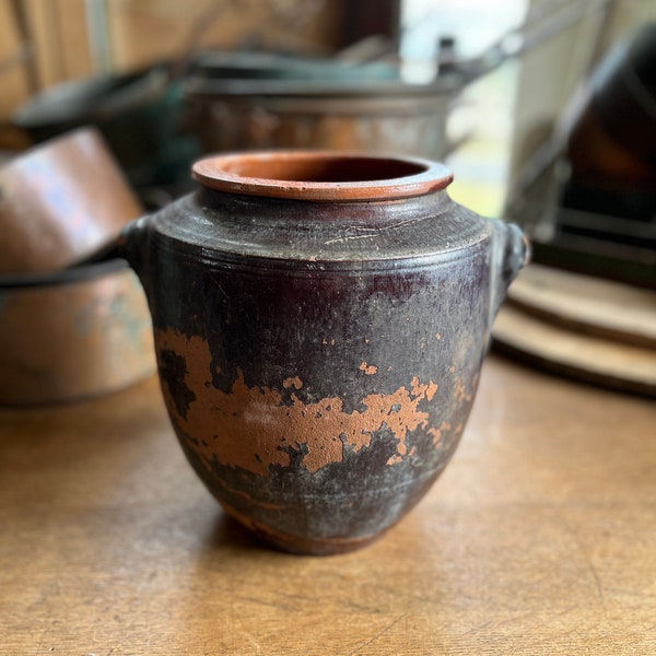 Antique European confit pot - terracotta preserves confit vase jar pot with handles. Stoneware earthenware rustic decor