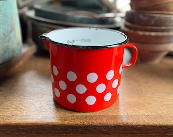 Vintage European enamelled jug - red pot white dotted - dots country kitchen farmhouse antique