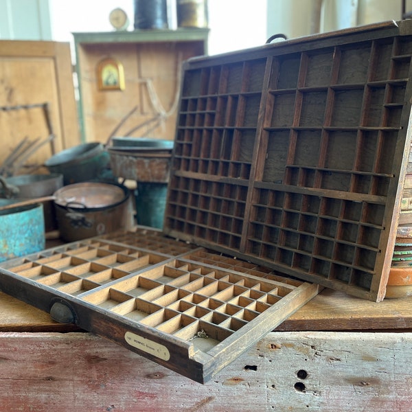 Antique European French Letter Press Printer Tray - Type Case Wood - Vintage Printers Drawer.