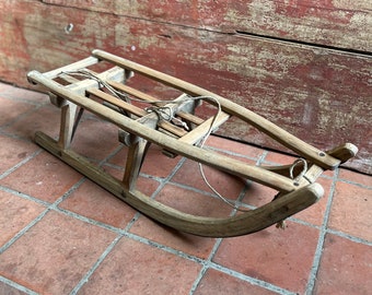 antique European sled - bentwood slat sled with curved iron lined runners ~ large wood primitive slatted sled ~ farmhouse antiques