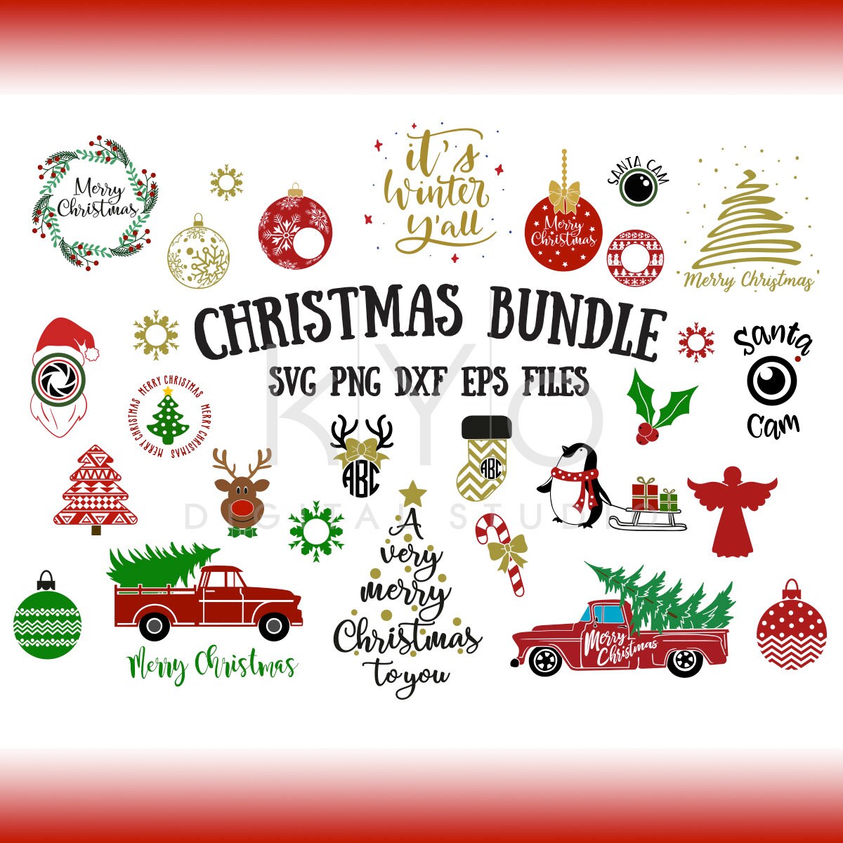 Christmas SVG Bundle, Christmas tree, wreath, red truck, Rudolph reindeer, ...