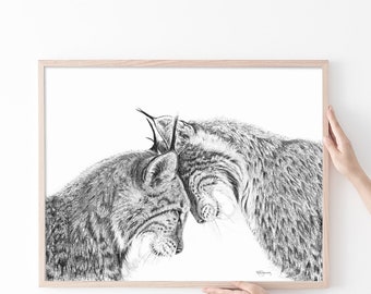 2 Lynx in love print black and white minimalist illustration for home deco idea bedroom wall deco