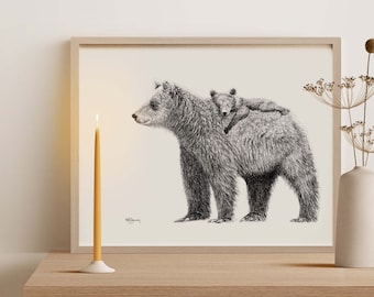 Grizzly Mother with cub - Print