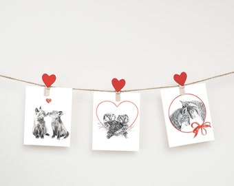 Set of 3 cards - Valentine's Day, Foxes, Lynx and Owls in Love