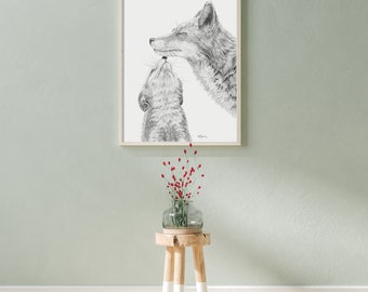 Mom Fox with baby - Poster in Black and White - Illustration ready to frame - Children's room decoration - Minimalist animal frame