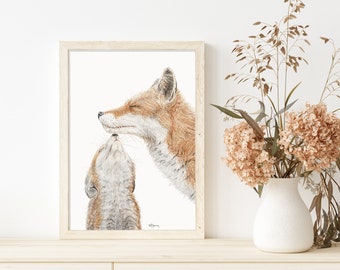 Mom Fox with baby - Paper illustration ready to frame