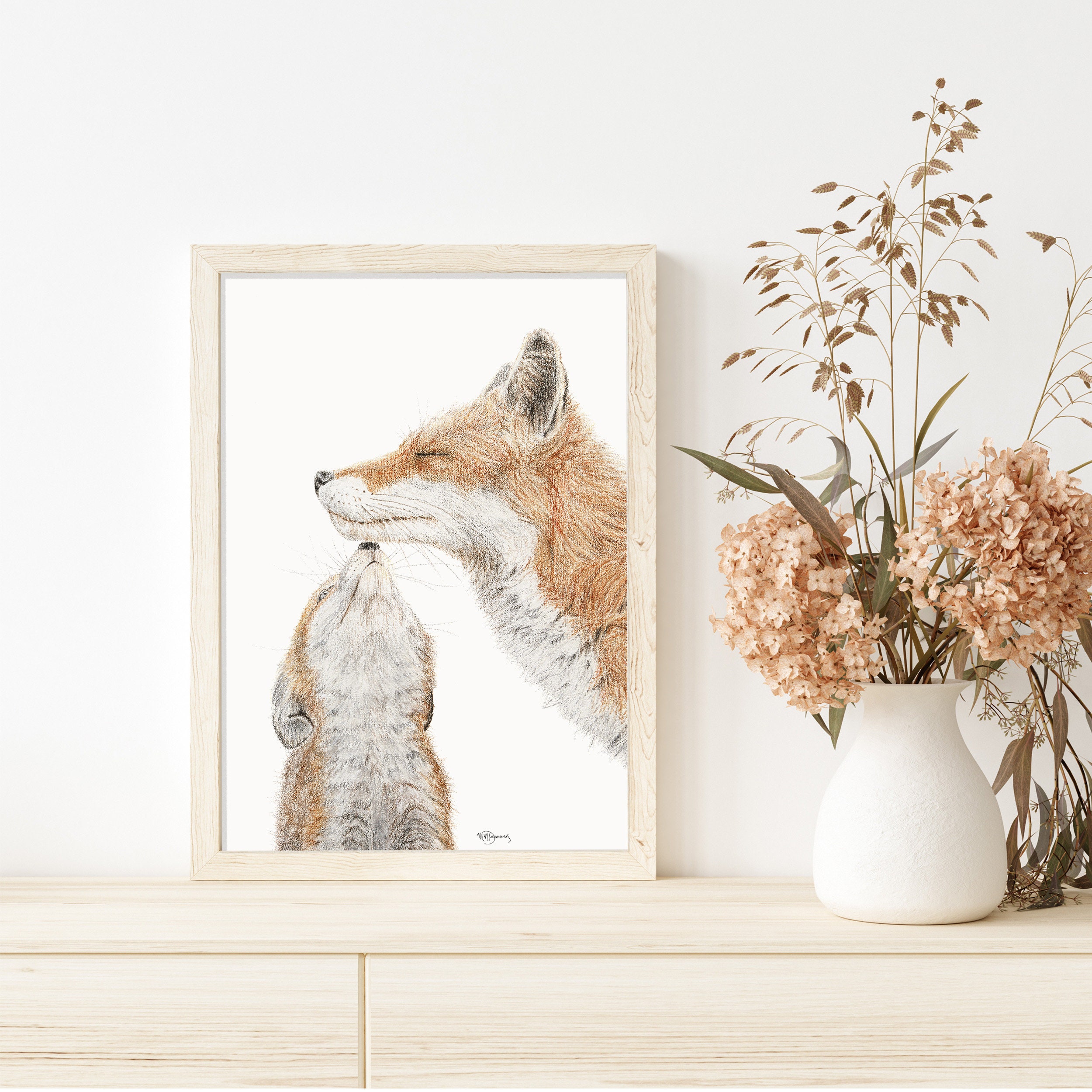 Mom Fox with baby - Paper illustration ready to frame