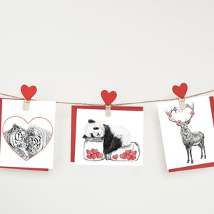Ensemble de 3 cartes - St-Valentin, panda, chevreuil avec bois en cœur et tigres de l'amour.