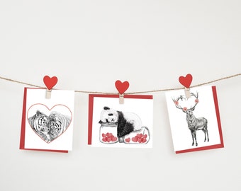 Set of 3 cards - Valentine's Day sleeping panda, deer with seart shapped antlers and Amur Tigers